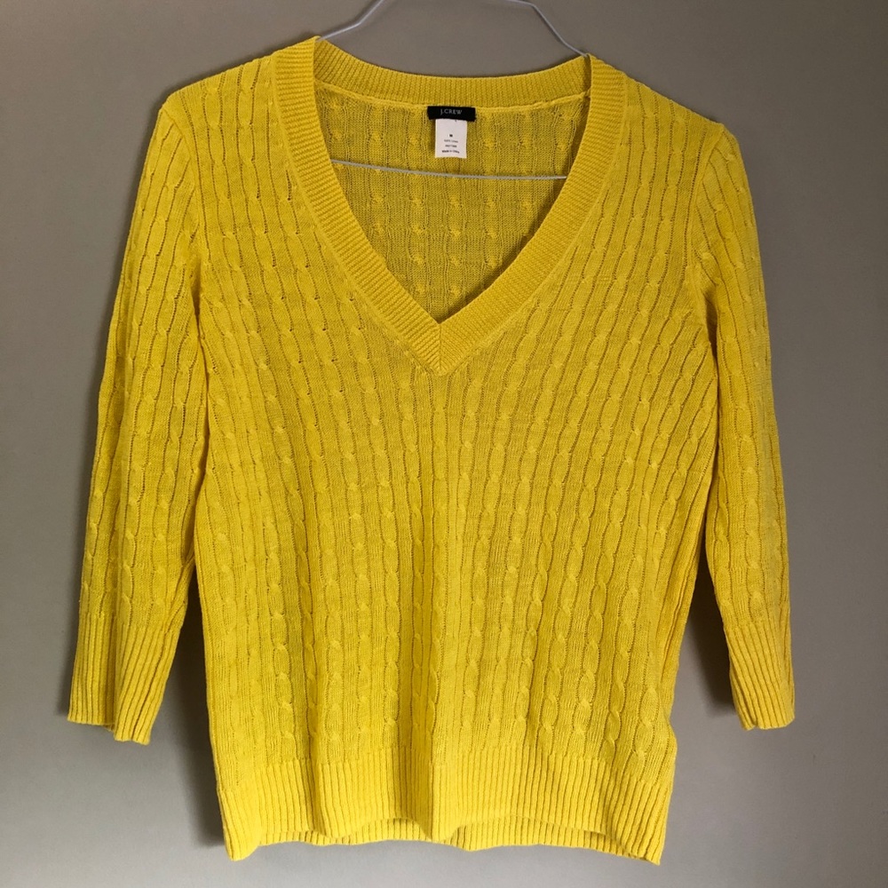 J.Crew yellow v-neck linen cable sweater